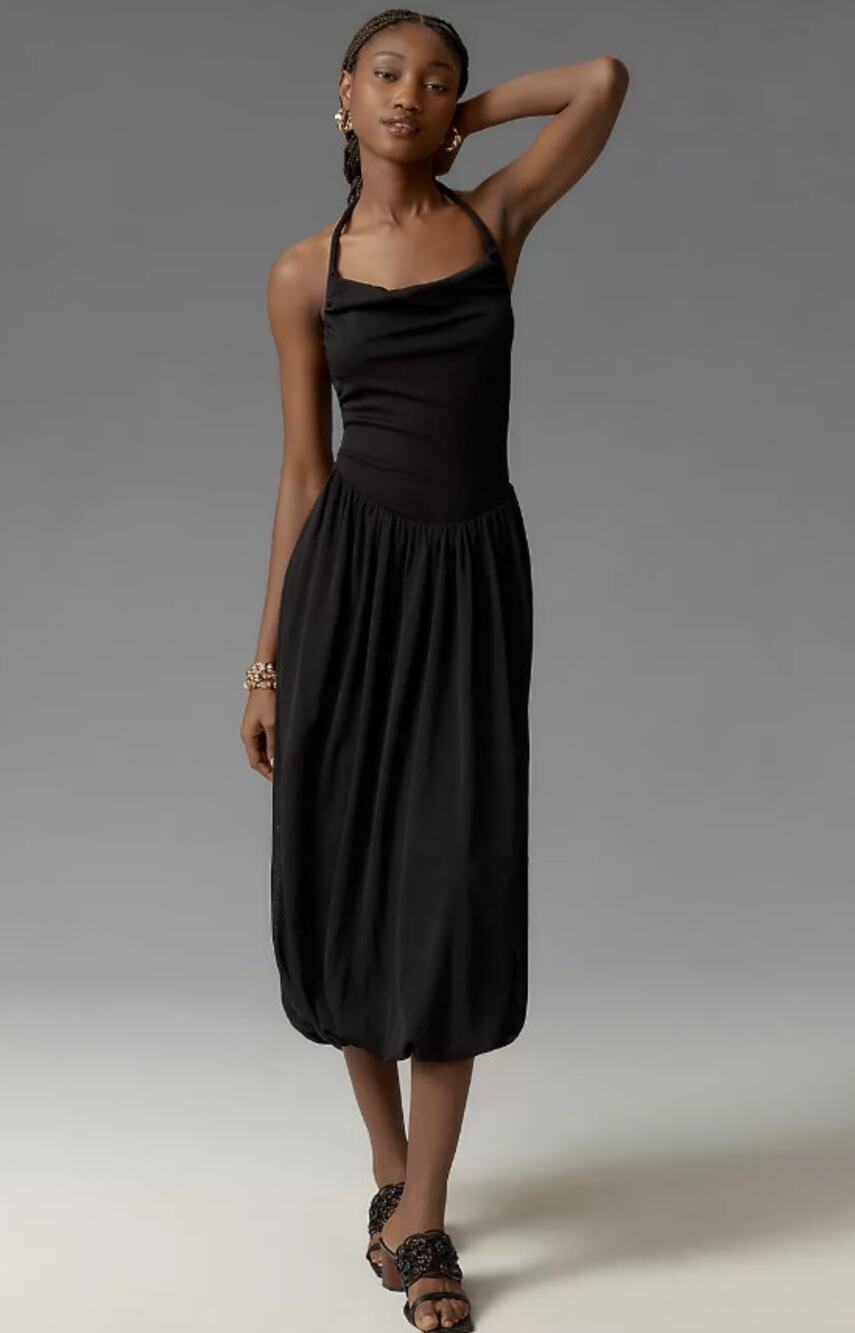 New Anthropologie Cowl-Neck Bubble-Hem Black Dress - Size 6